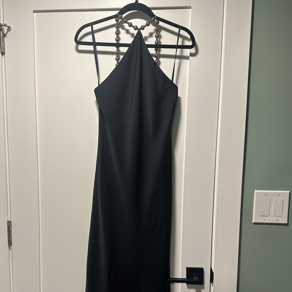 Navy Pearl Beaded Neck Halter Maxi Dress